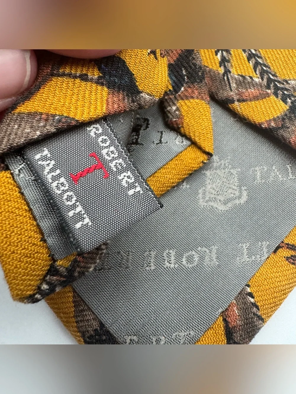 Vintage Robert Talbott Pheasant Necktie Mustard Gold Silk Wool Blend Hunting USA